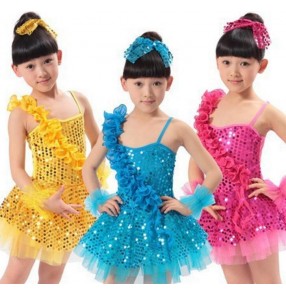 Girls child kids children baby sky blue fuchsia gold yellow paillette sequined one shoulder backless latin modern dance stage performance dresses jazz dance costumes
